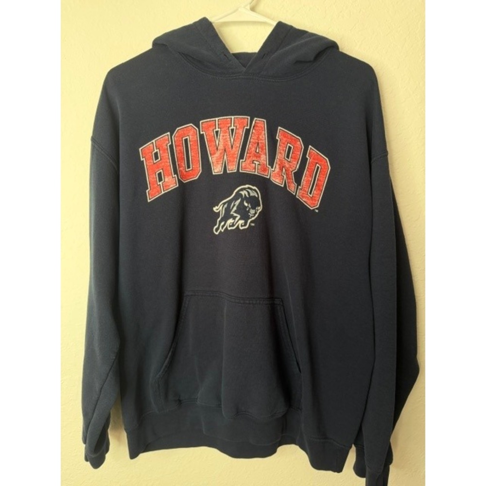 Howard University Bison Hoodie Navy Blue Distressed Logo HBCU Sweatshirt Mens L